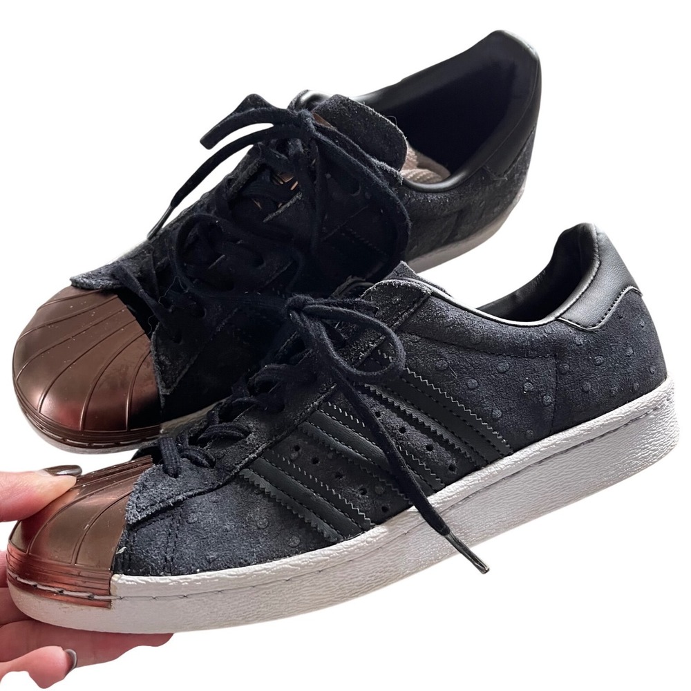 Adidas Superstar Sneakers Womens 7 Black Rose Gold Metallic Shell Toe S76712‎